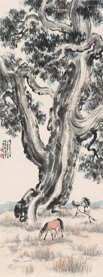 近现代 徐悲鸿-柏树双马图轴134X50-T